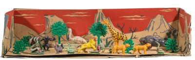 a cardboard box with a picture of a giraffe, zebra, and other animals in it