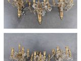 two pictures of a pair of gold and crystal sconces hanging from a wall