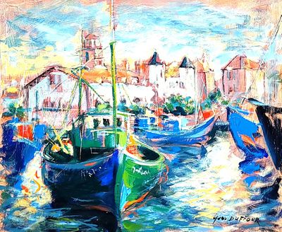 painting of boats in a harbor with buildings in the background