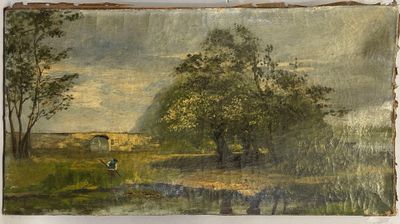painting of a landscape with a river and trees in the foreground