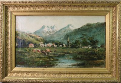 une photo d'un tableau représentant un village de montagne