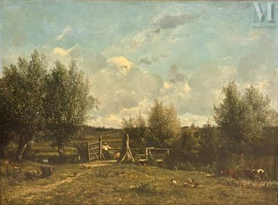 a painting of a farm scene with sheep grazing in the field