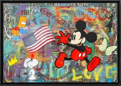 tableau représentant Mickey Mouse avec un drapeau américain devant un mur couvert de graffitis