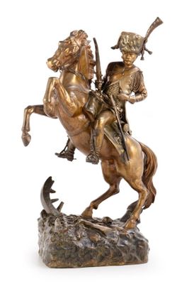 statue en bronze représentant un homme à cheval accompagné d'un autre homme à cheval
