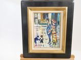 tableau représentant un homme et une femme accompagnés d'un chien sur un trottoir