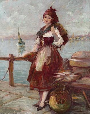 painting of a woman standing on a pier with a basket of fish