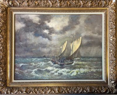 an oil painting of a sailboat in the ocean with a cloudy sky