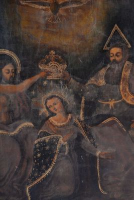 une image représentant un tableau où l'on voit un groupe de personnes avec une colombe au-dessus d'elles