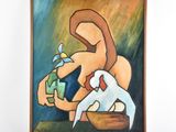 un tableau accroché au mur représentant une femme tenant un oiseau