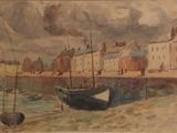 l'image d'une peinture représentant un bateau sur un plan d'eau