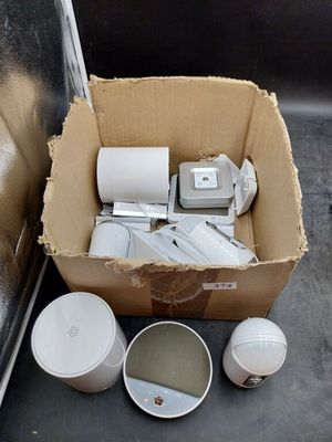 une boîte en carton remplie d'appareils électroniques posée par terre
