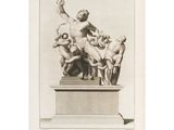 a black and white drawing of a statue of a man with a bunch of children