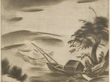 dessin représentant un bateau sur un plan d'eau, à côté d'un palmier