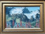 painting of a mountain landscape with red flowers in a gold frame