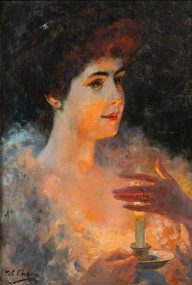 une peinture à l'huile représentant une femme tenant une bougie à la main
