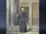 un tableau représentant un homme debout devant une porte