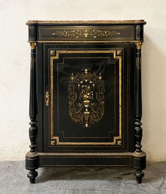 an image of a black and gold cabinet with a clock on top of it