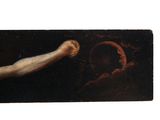 painting of a baseball player hitting a ball with a bat