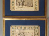 trois photos encadrées représentant des chevaux et des jockeys, sur lesquelles figurent des numéros