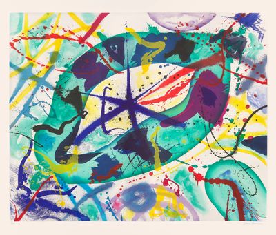 an abstract painting of a fish with many colors on it