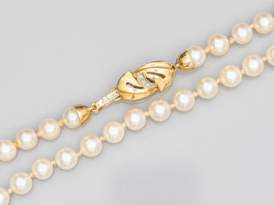 un gros plan sur un collier de perles muni d'un fermoir en or