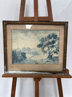 une vieille photo représentant un tableau posé sur un chevalet, sur fond blanc