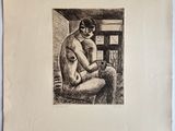 un dessin en noir et blanc représentant un homme assis devant une fenêtre