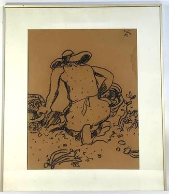 drawing of a woman in a hat and a straw hat working in a field