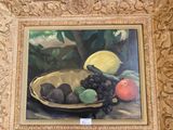 a painting of a bowl of fruit on a table