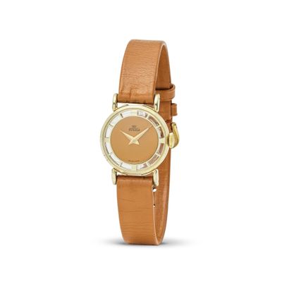 gros plan d'une montre-bracelet avec un bracelet en cuir marron