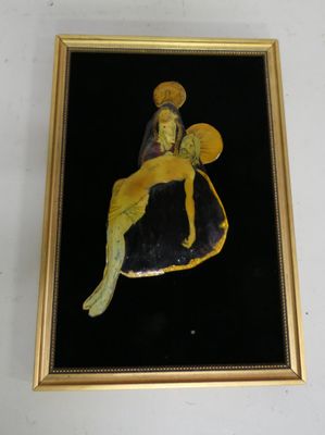 painting of a woman sitting on a rock in a gold frame
