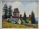 an oil painting of a church on a hill with trees in the foreground