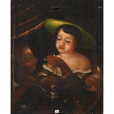 une peinture à l'huile représentant une jeune fille coiffée d'un chapeau vert et tenant un oiseau