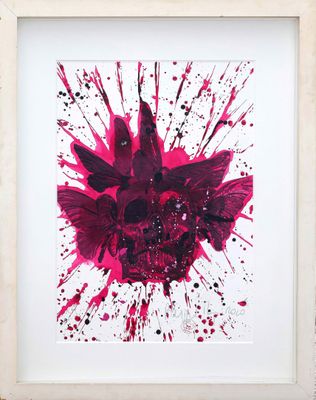 painting of a red flower in a white frame on a wall