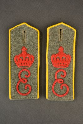 two military badges with a crown on them on a gray surface