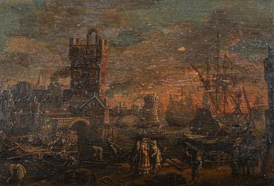 painting of a painting of a harbor scene with ships in the water