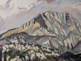 a watercolor painting of a mountain with trees in the foreground