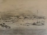 dessin représentant une vue de plage avec des bateaux et des montagnes en arrière-plan