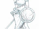 drawing of a woman in armor holding a sword and shield
