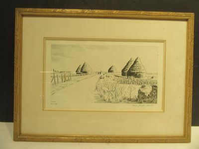 an image of a drawing of a farm scene with hay bales