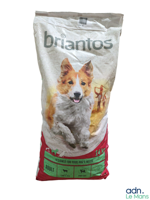 a bag of dog food that is sitting on a table