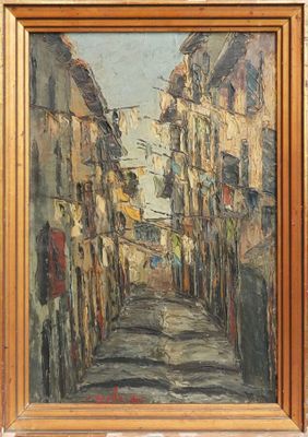 une peinture à l'huile représentant une rue de la ville avec des immeubles et une personne marchant dans la rue