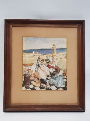 painting of a family sitting on a checkered floor with a clock tower in the background
