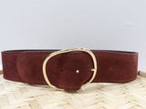 a close up of a brown belt with a gold buckle