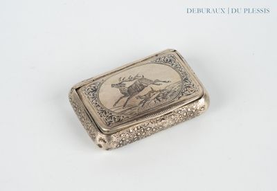 a silver box with a picture of a deer on it