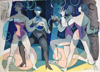 painting of three women in swimsuits sitting on a bench