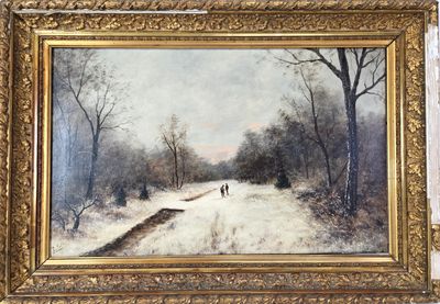 an oil painting of two people walking down a snowy road