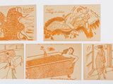four orange drawings of people in a bathtub and a woman in a bathtub