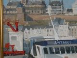 a painting of a boat in a harbor with buildings in the background