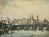 peinture d'une vue d'une ville avec un pont sur une rivière